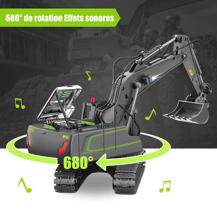 2.4GHz Remote Control Excavator - Metal Shovel, 680° Rotation, Lights and Sounds, for Children Ages 3 and Up