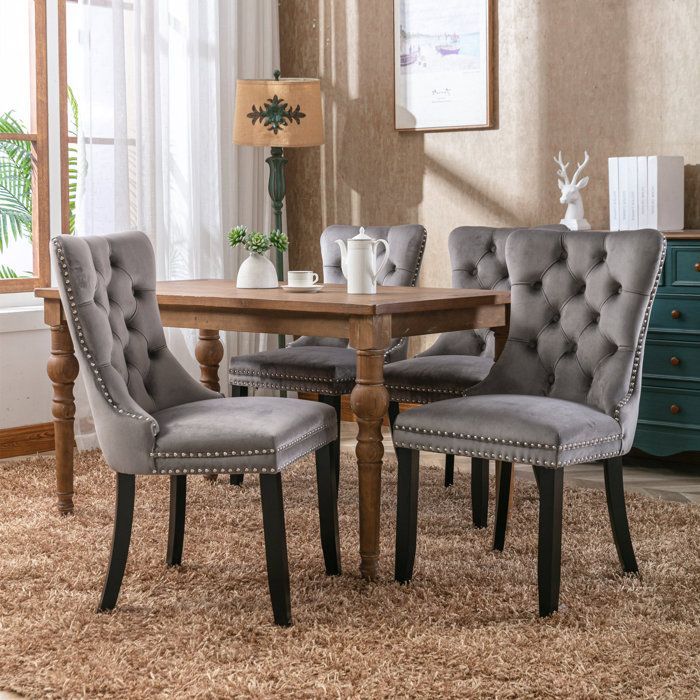 Chaise de Salle à Manger Contemporaine , Lot de 2 Chaises en Velours Rembourré avec Pieds en Bois et Garniture Cloutée,Gris