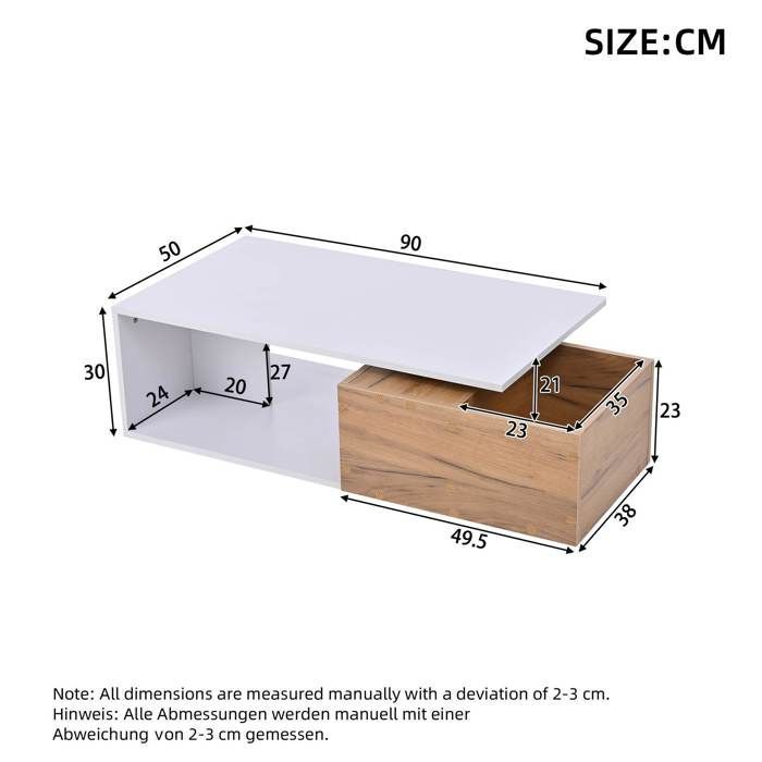 Table basse en bois 90 x 50 x 30 cm avec tiroir pivotant Table de salon avec espace de rangement ouvert Couleur blanche et bois