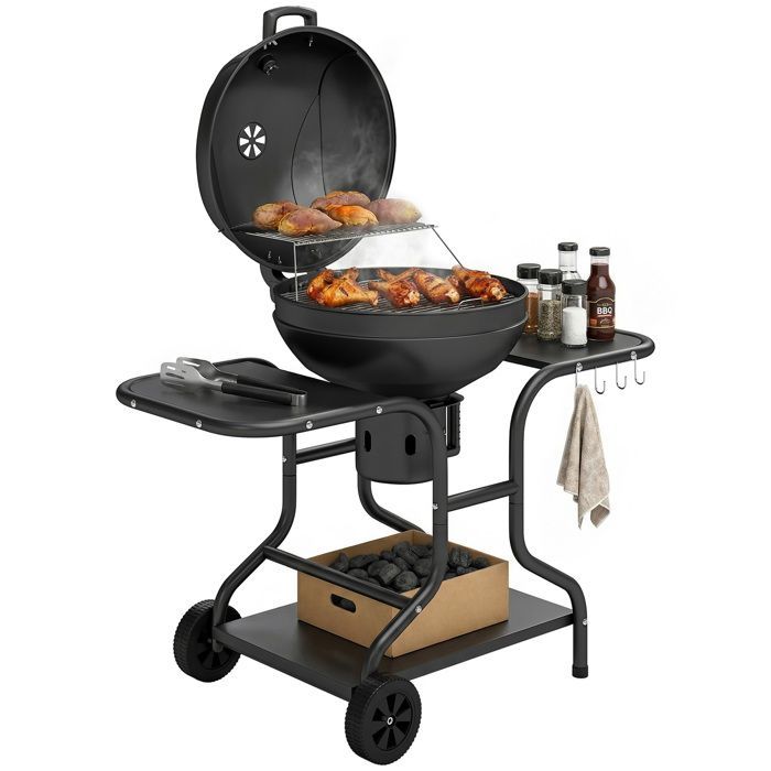 Barbecue rotondo a carbone - Outsunny - con coperchio, termometro, ripiani laterali, ripiano inferiore - 129 x 63,5 x 106,5 cm, nero