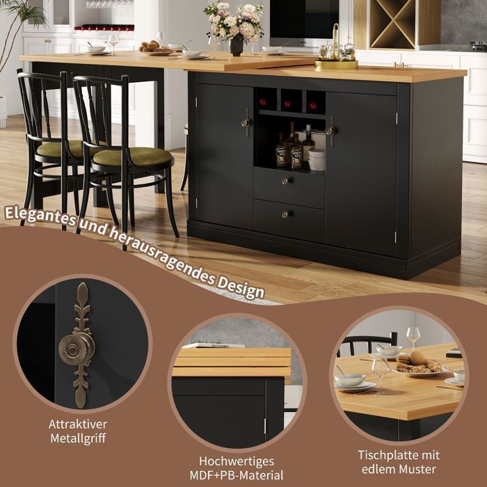 Extendable Black Kitchen Island 120-180 cm with Storage and Bottle Rack, 360° Swivel Dining Table, High Table