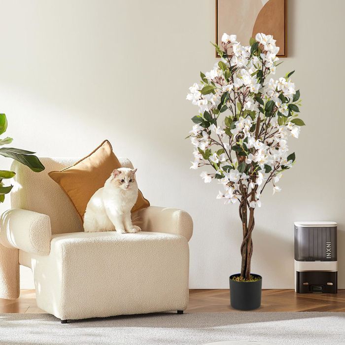 Indoor Artificial Bougainvillea Tree - RELAX4LIFE - 120CM - 360 Flowers - 40 Leaves - 3 Branches - 2 Rattan and Moss - White