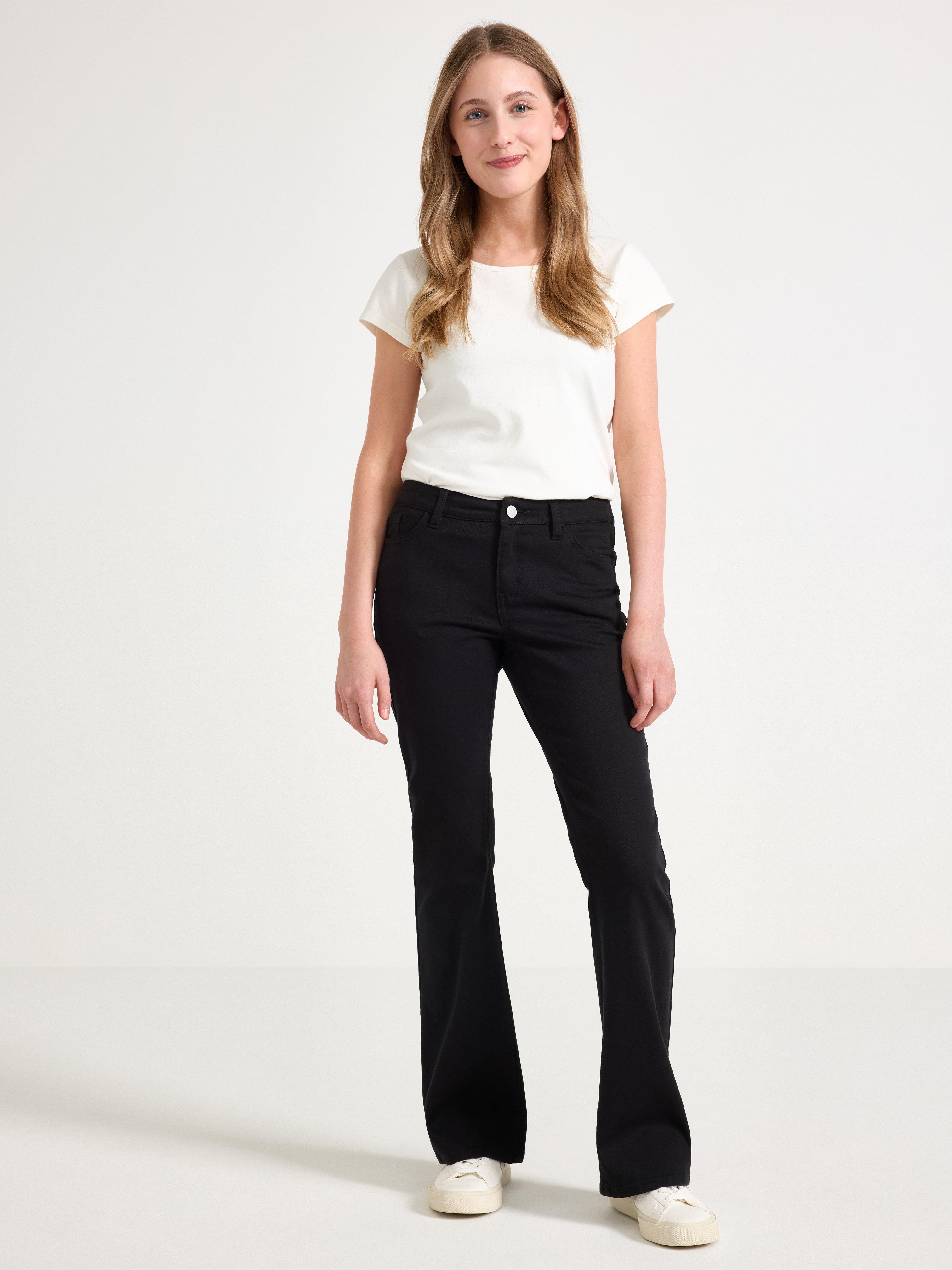 Pantalones vaqueros acampanados FREJA, súper elásticos, cintura normal, color negro.