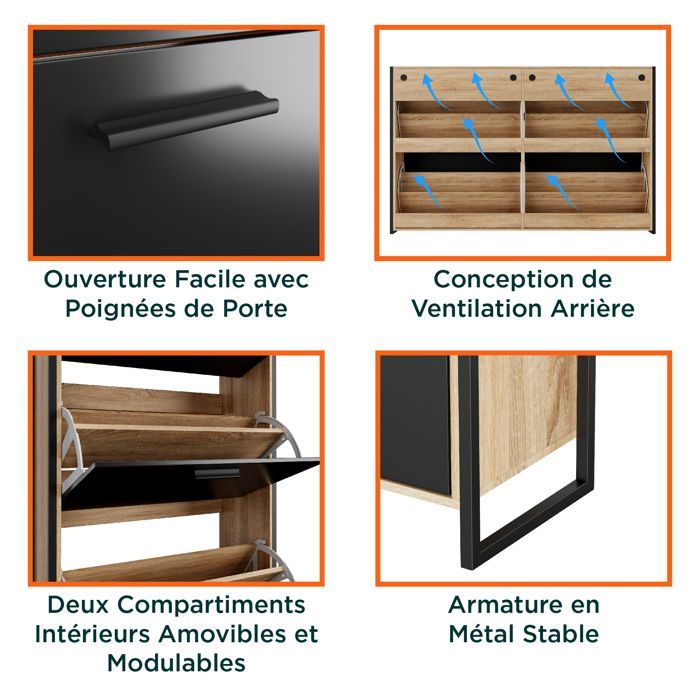 CASABEL Meuble de Rangement à Chaussure Industriel 24 Paires - Double compartiment, Entrée - Portes Noires Cadre Bois Clair