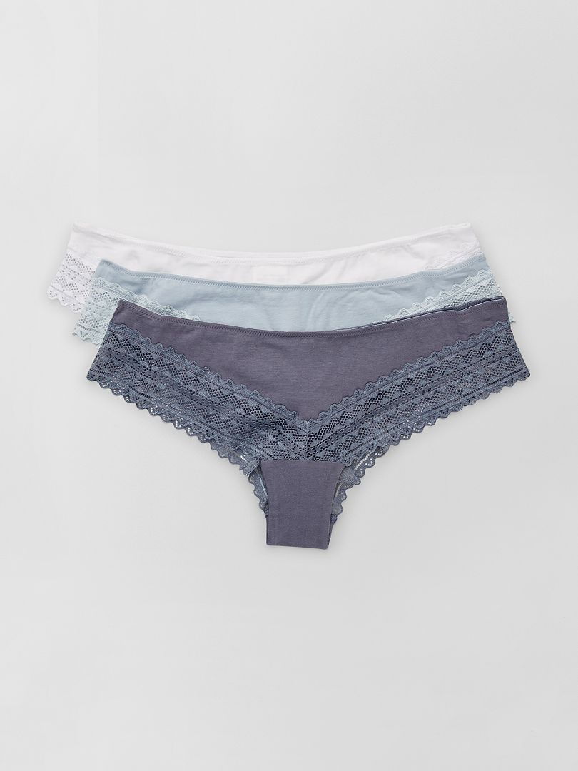 Set van 3 katoenen kanten stringtjes - BLAUW
