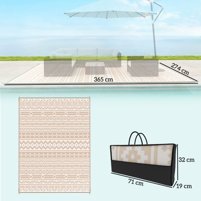 Tapis d'extérieur - Outsunny - réversible - 3,7 x 2,7 m - motif mur géométrique - en PP - sac de transport - kaki et beige clair