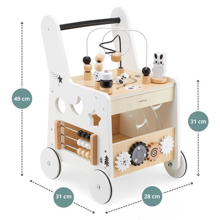 Trotteur Bébé Bois  Montessori Mamabrum 6-en-1- Table d'Activité Bois- Boulier, Trieur de Formes, Boucles de Motricité