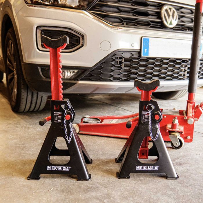 Jeu de 2 chandelles hautes 3 tonnes - Chandelles Voiture utilitaire - Système à crémaillère - Ht 319 à 482mm max - Poignée acier