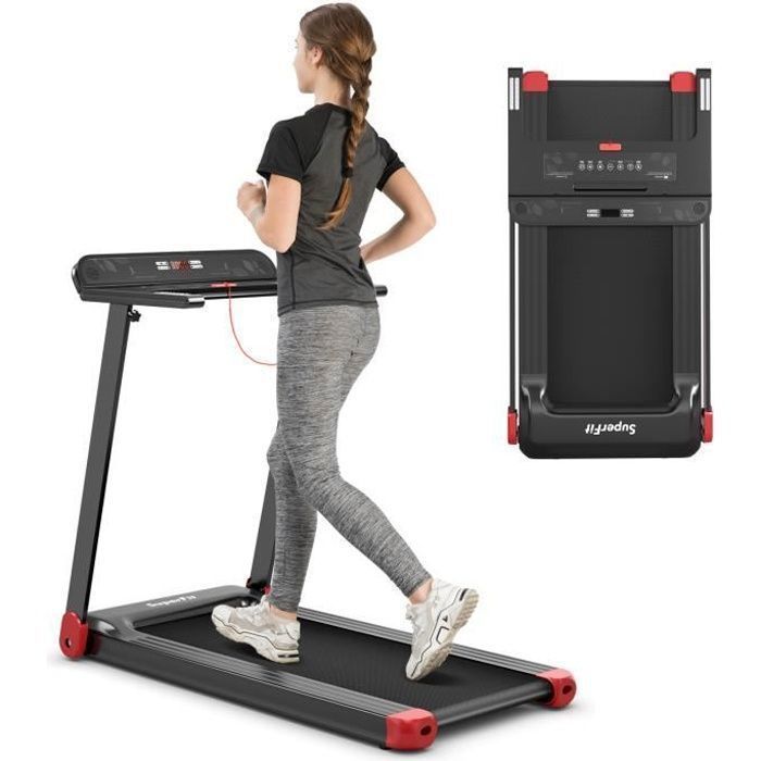 Cinta de correr plegable COSTWAY con control por aplicación, 0,96-12 km/h, Bluetooth, 12 programas, pantalla LED y soporte para dispositivos, color rojo.