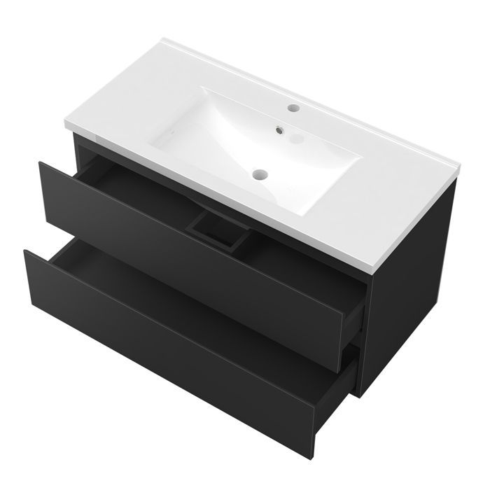 Mueble de baño AICA de 100 cm en negro brillante con 2 cajones de cierre suave y lavabo individual de cerámica.
