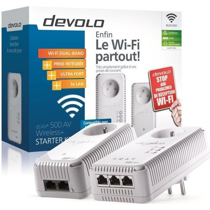 DEVOLO Kit 1 Wi-Fi Powerline Adapter 500 Mbps + 1 Wired Powerline Adapter 500 Mbps with 3 Fast Ethernet ports + Integrated Power Outlet - Starter Kit