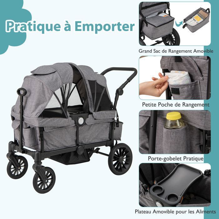 Cochecito doble plegable COSTWAY - Manillar ajustable - 2 capotas extraíbles - Ventana con solapa - Bandeja para comida de 30 kg - Gris
