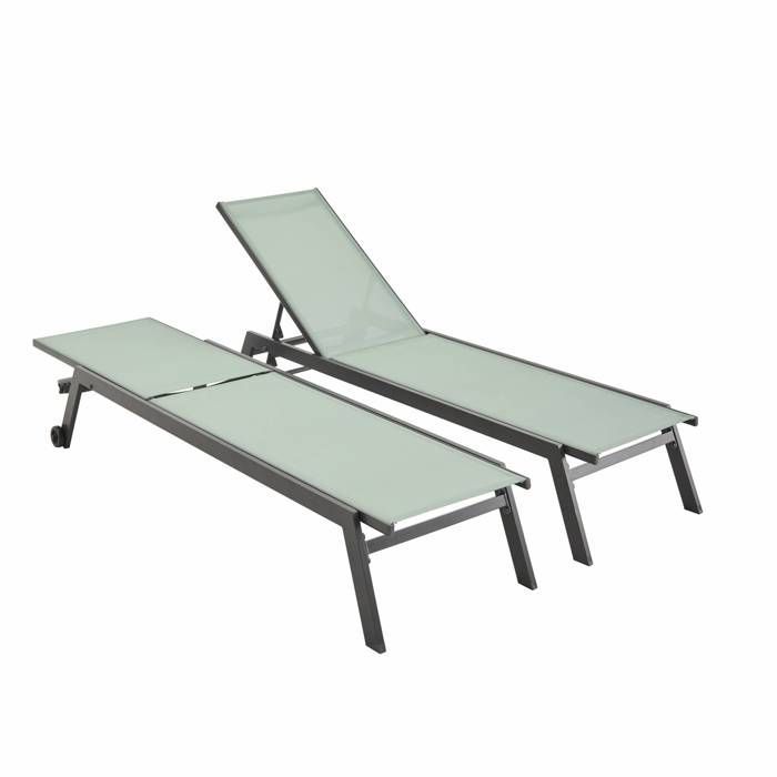 Set aus 2 ELSA Sonnenliegen in anthrazitgrauem Aluminium und grün-grauem Textilene. Mehrfach verstellbare Liegen mit Rollen.