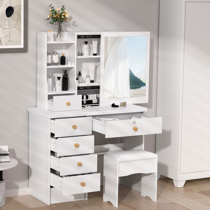 Schminktisch mit Spiegel und Hocker, 6 Schubladen, weiß, 80 (L) x 37 (B) x 122 (H) cm