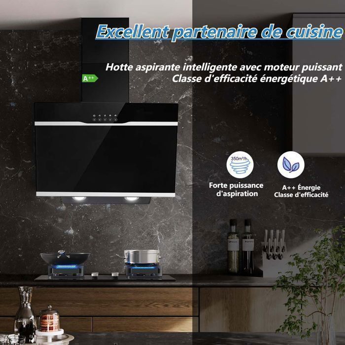 60 cm afzuigkap - Energieklasse A++ - 3 snelheden - Zwart glas - Schuine afzuigkap - Afzuigcapaciteit - 350 m³/u