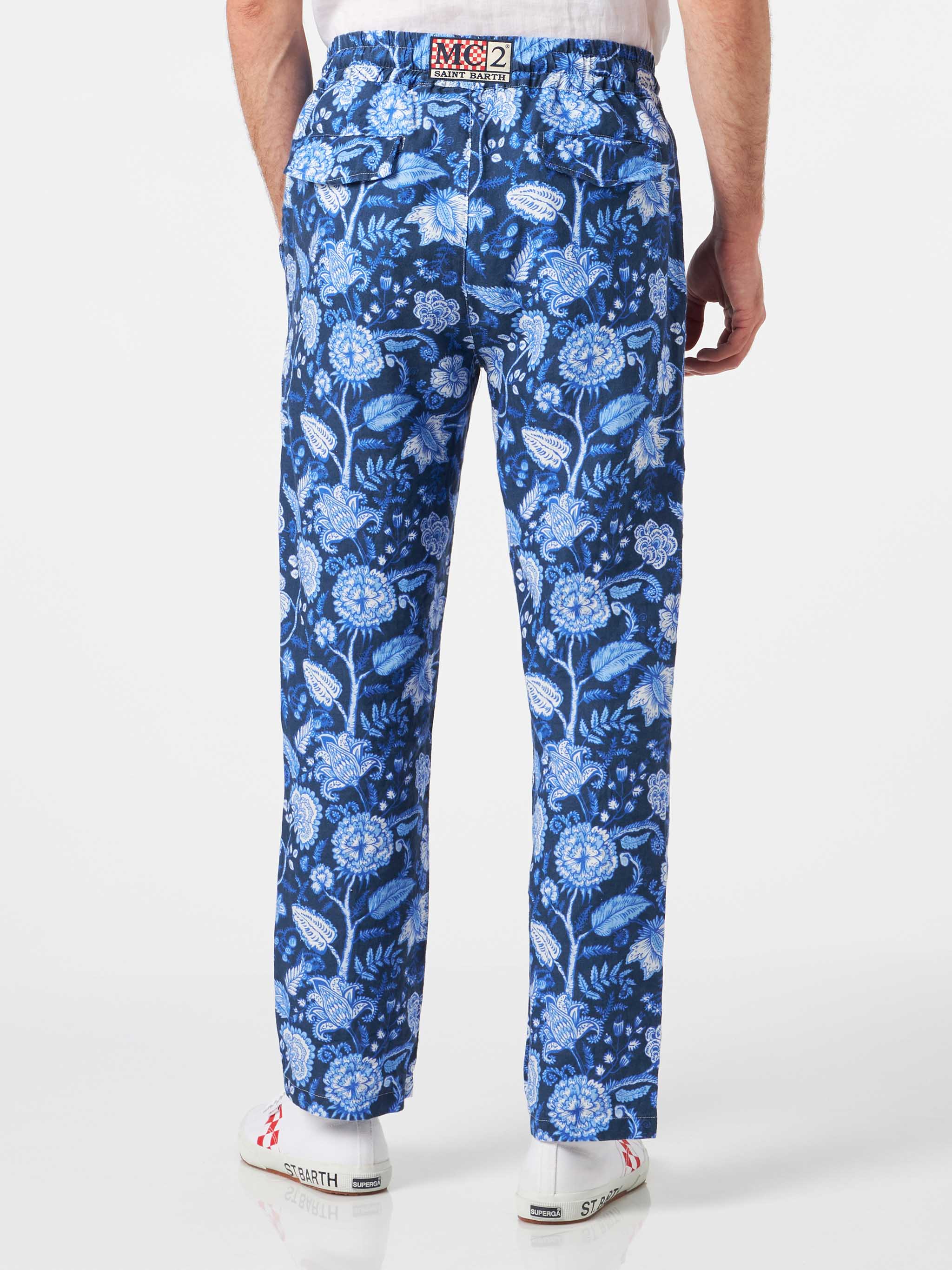Herenbroek van linnen met bloemenprint