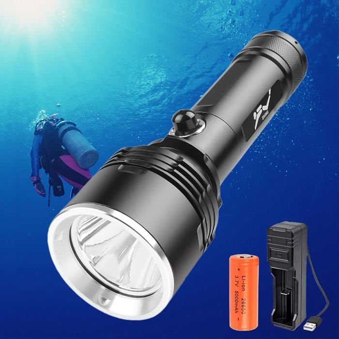 Linterna de buceo, linterna subacuática para buceo, superbrillante de 5000 lúmenes con 3 modos, con batería 26650 y cargador.