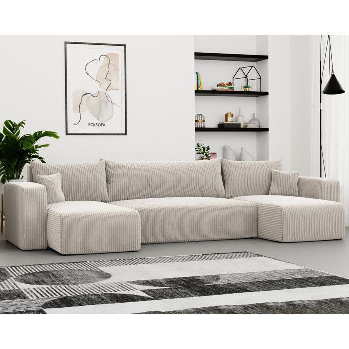 Canapé d'angle Panoramique PIANO U - 7 places - Canape Convertible avec Coffre - Tissu Velours Cotelé - Crème