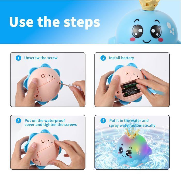Juguetes de baño LED para niños, juguete de baño para bebés de 1, 2 y 3 años, pulpo de inducción automática, juguetes de piscina con chorro de agua para bebés - Azul