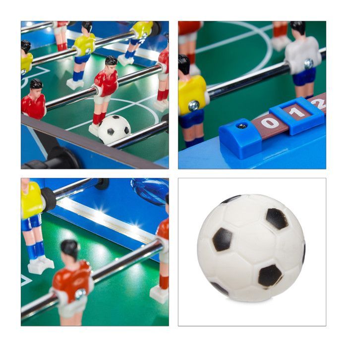 Futbolín Relaxdays, luces LED, para niños y adultos, 4 varillas, 2 pelotas incluidas, minijuego de fútbol, azul