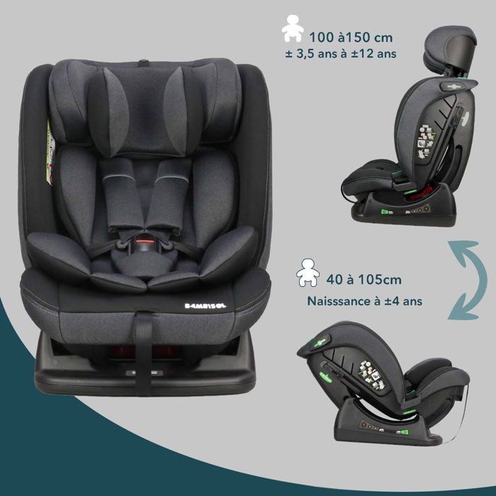 Seggiolino auto reversibile e adattabile - BAMBISOL - AY913PLUSN - Gruppo 0+/1/2/3 - I-Size - Reclinabile - Riduttore - Nero