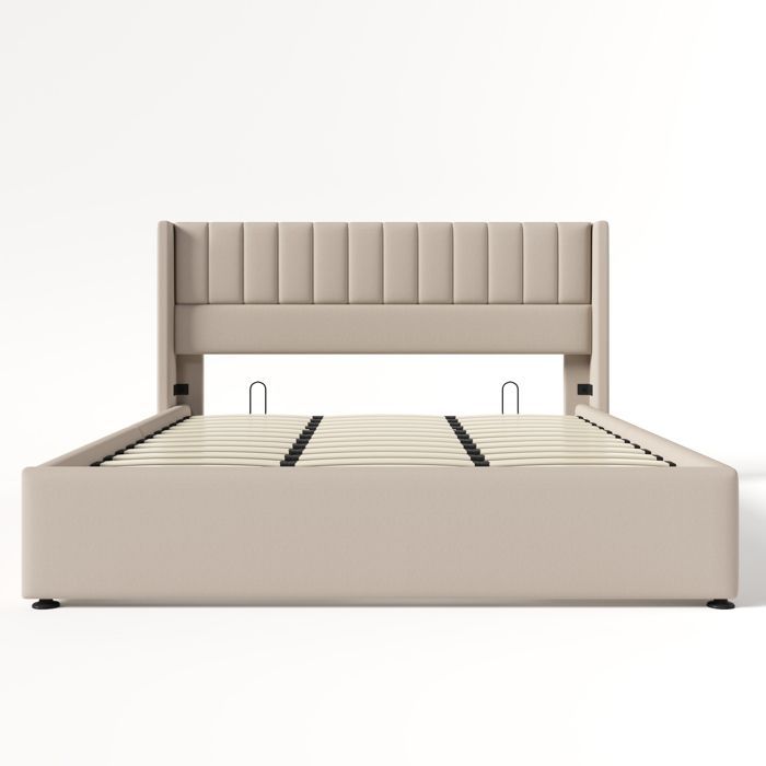 Lit Coffre Adult - 180x200 cm - Tête de Lit Rembourrée - Sommier Relevable Hydraulique Lit Double avec Rangement - Tissu Lin Beige