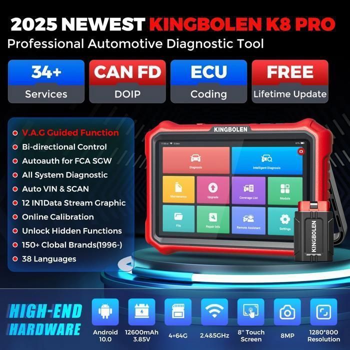 KINGBOLEN K8 Pro Valise Diagnostic Auto, Bidirectionnel OBD2 Diagnostic pour système Complet, CANFD＆FCA, Mise à Jour Gratuite à Vie