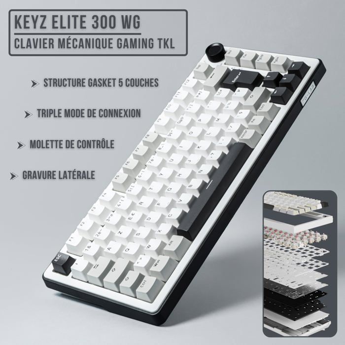 Clavier gamer mécanique - THE G-LAB - KEYZELITE300WG - TKL 75% - Tri-mode Bluetooth/2.4GHz/USB-A - Hot-swap