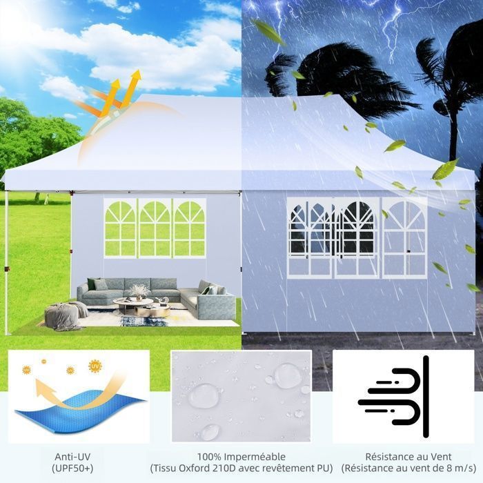 Gazebo pieghevole 3x6 m, tenda da giardino impermeabile per esterni, tenda per feste con 6 pannelli laterali, protezione UV 50+, bianco