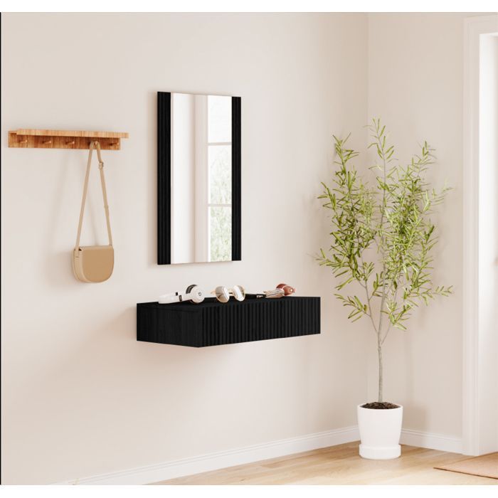 Meuble d'entrée - Amira - Noir Mat - Miroir Inclus - Tiroir - Design Cannelé