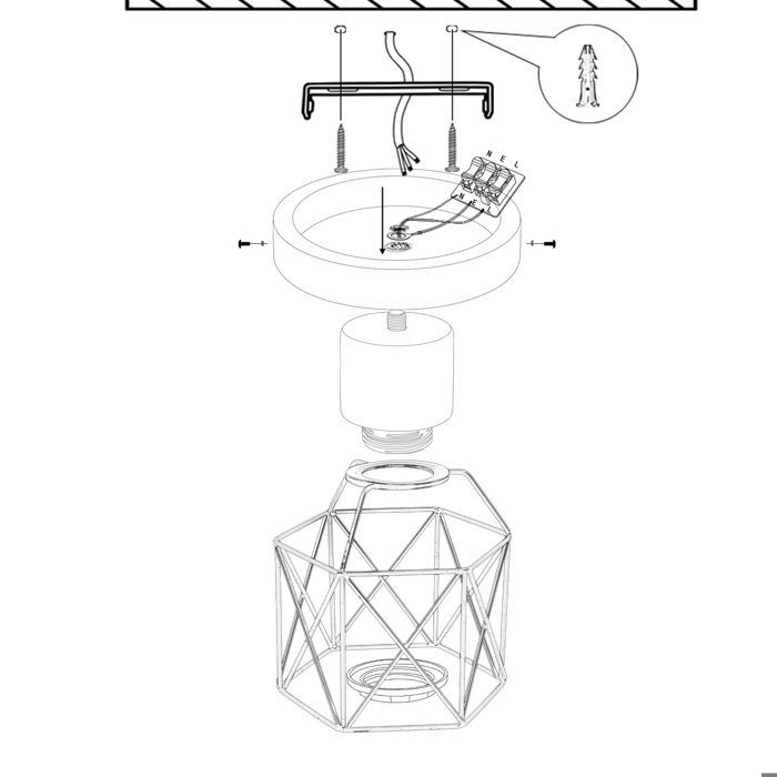 SNOGOLD Plafonnier Industriel Lampe de Plafond Rétro en Métal et Bois, Vintage E27 Luminaire Hexagone Cage Noir pour Salon Chambre
