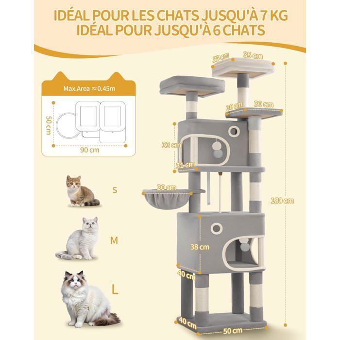 Tiragraffi per gatti, alto 180 cm, torre gioco con 8 pali per graffiare, 3 piattaforme, 2 grotte, cestino, pon-pon, grigio chiaro.