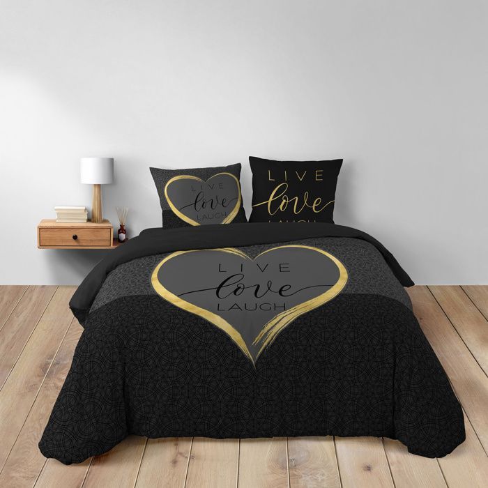 Housse de couette 240 x 220 cm + 2 taies – Coton 42 fils – Imprimé placé Crazy Love