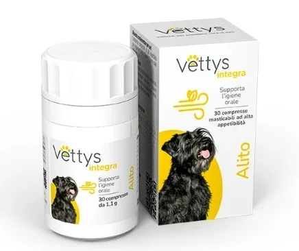 Vettys Integra Breath Dog 30 comprimidos mastigáveis para auxiliar na higiene oral.