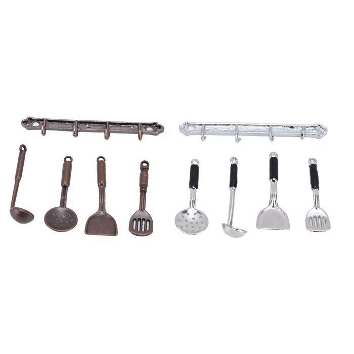 Set of 2 miniature kitchen accessory sets for 1:12 scale dollhouses: miniature shovel, spoon, hook, colander