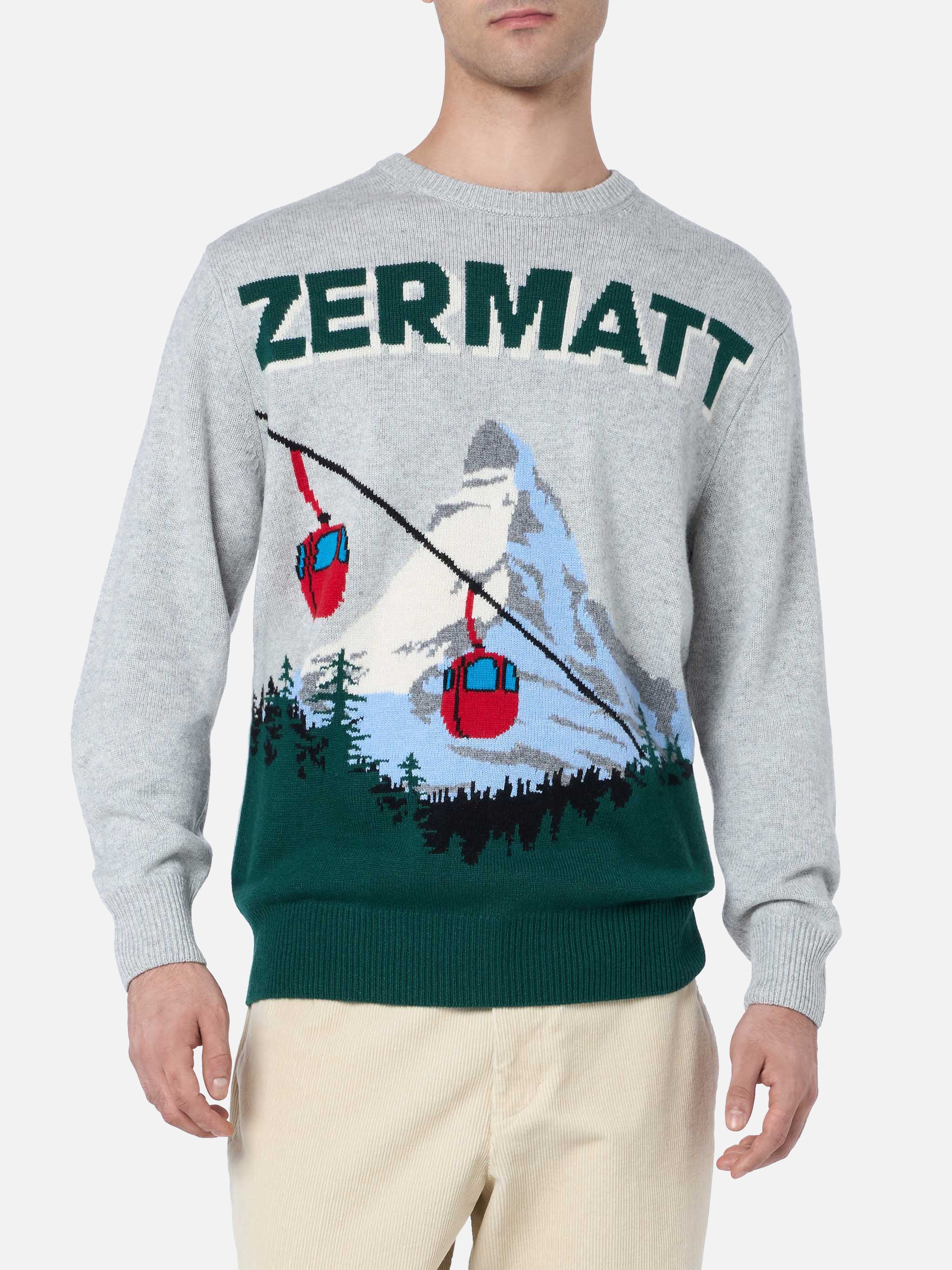 Grijze herentrui met reigermotief en ansichtkaartprint van Zermatt Cable.
