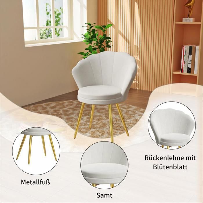 Set of 1 Modern Velvet Dining Chair - MENGDA - With Backrest - Metal Legs - Maximum Capacity 200kg - White
