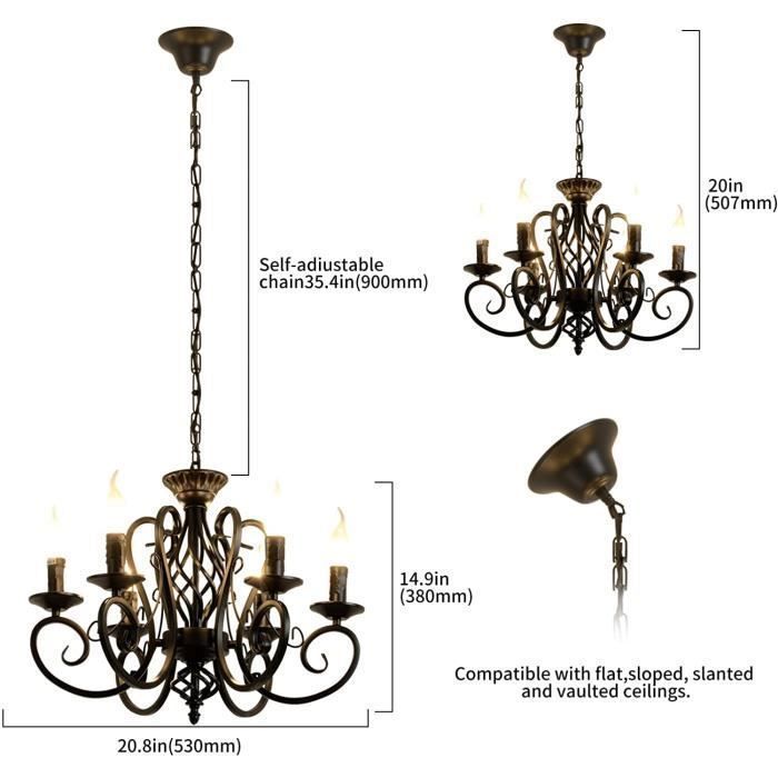 Lampadario Ganeed nero in stile francese, lampadario vintage in metallo a 6 luci per isola cucina, attacco E14