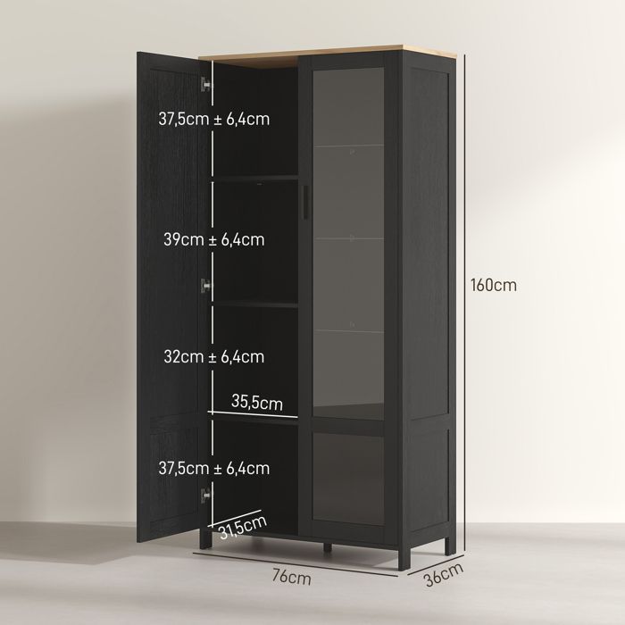 Aparador de cocina HOMCOM, mueble de cocina, vitrina con estantes ajustables y 9 compartimentos, 76 x 36 x 160 cm, negro