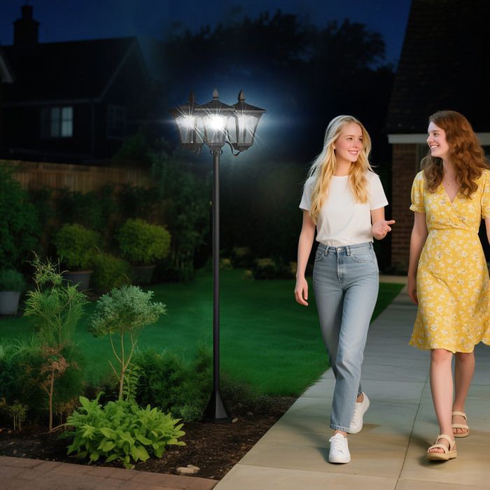 Luminária de chão para jardim Outsunny - LED solar para exterior com sensores, 3 cúpulas, à prova d'água IP44 - metal - A.182,5 cm - preta