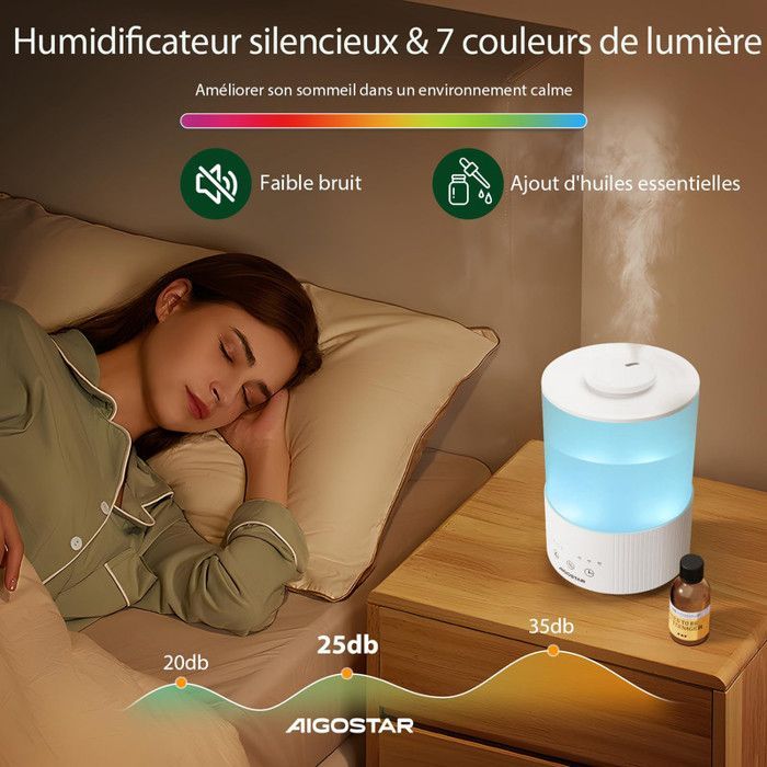 Aigostar Misty - Umidificatore diffusore di oli essenziali silenzioso. Timer di 8 ore e spegnimento automatico. LED a 7 colori.