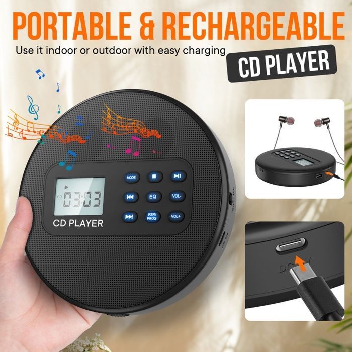 Lettore CD, schermo LCD, USB, qualità audio HD, portatile, adatto a vari scenari, nero