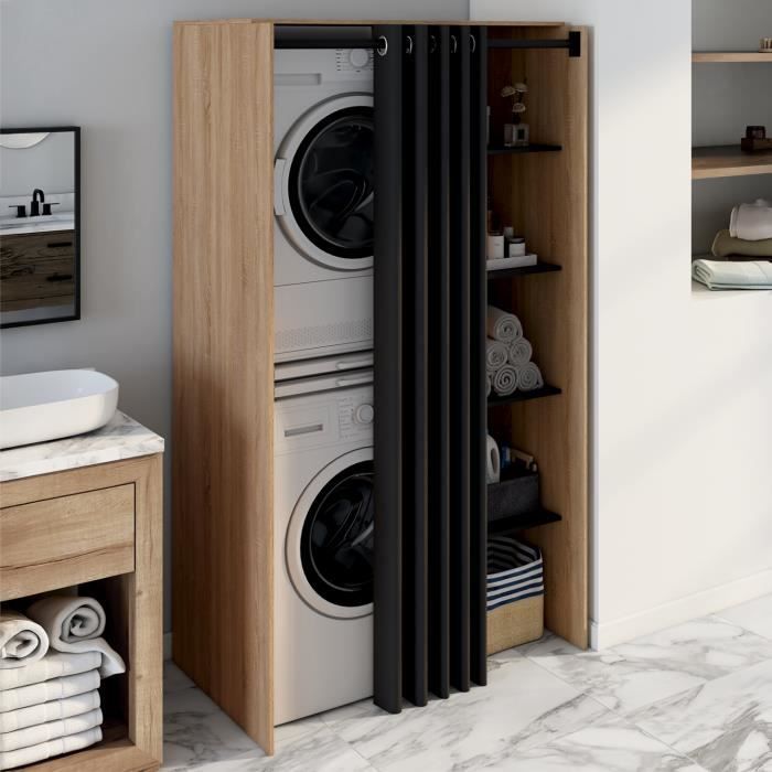 IDMARKET Dubbele wasmachinekast met schuifgordijn WALLIS Beuken en zwart