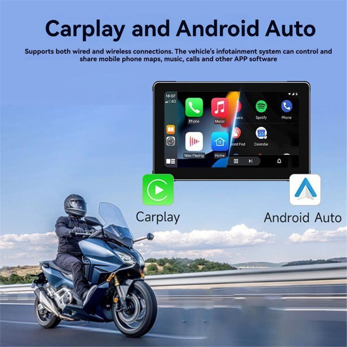 Pantalla de navegación portátil para motocicleta de 7 pulgadas, resistente al agua IPX8, compatible con CarPlay y Android Auto, pantalla inalámbrica, color negro.