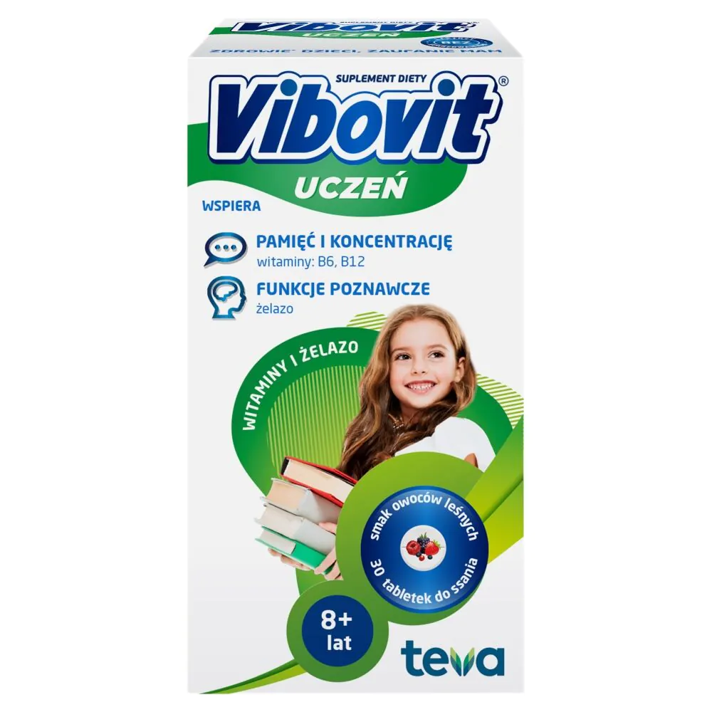 Vibovit Uczeń, Witaminy + żelazo, Tabletki do ssania o smaku owoców leśnych