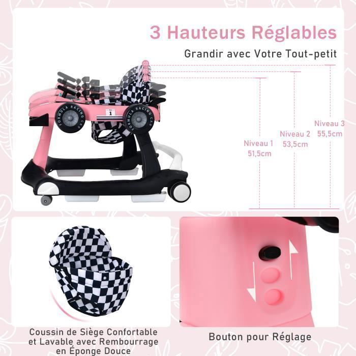 Andador plegable 4 en 1 para bebés COSTWAY - Altura y velocidad ajustables - Caja de música con luz - 6-18 meses - Ruedas silenciosas - Rosa