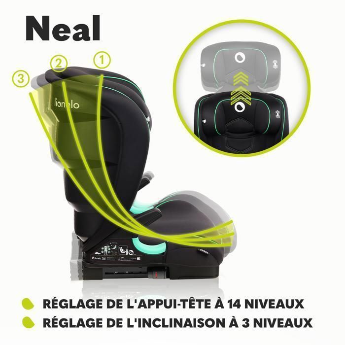 Silla de coche LIONELO Neal i-Size 2/3 - ISOFIX - Asiento ancho - Ventilada - Reclinable - 100-150 cm - Turquesa
