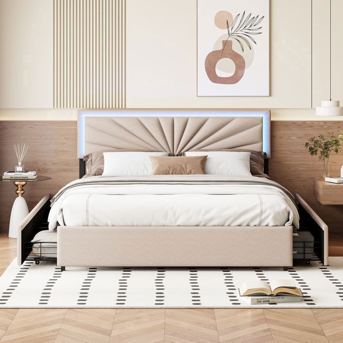 Cama doble de 160 x 200 cm, tapizada, con 4 cajones, iluminación LED, cabecero regulable en altura, color beige.