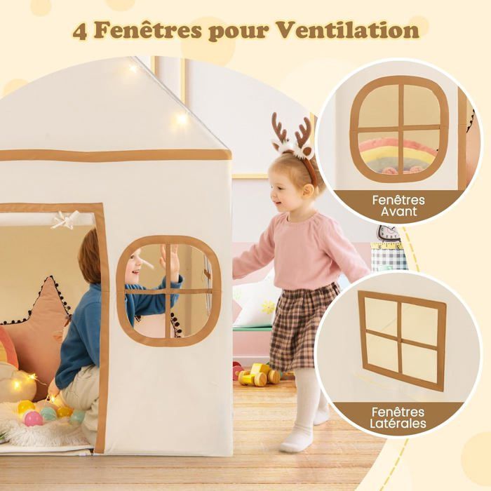 COSTWAY Tente de Jeux Enfant avec 4 Fenêtres et Guirlandes Lumineuses Étoiles, Tapis Antidérapant et Coton Lavable, 3-10 Ans Gris