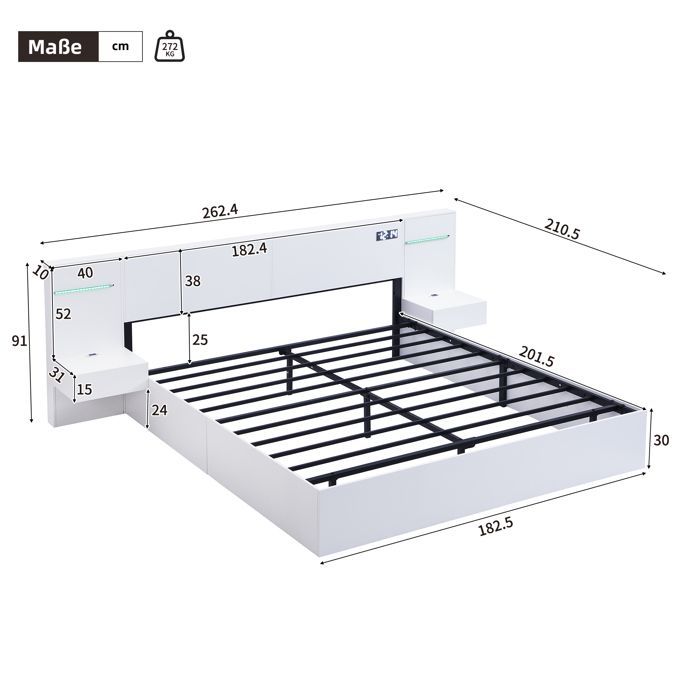 Cama doble de 180x200 cm - Cama para adultos con reloj electrónico y puerto USB, tira de LED, colchón no incluido, MDF, blanca